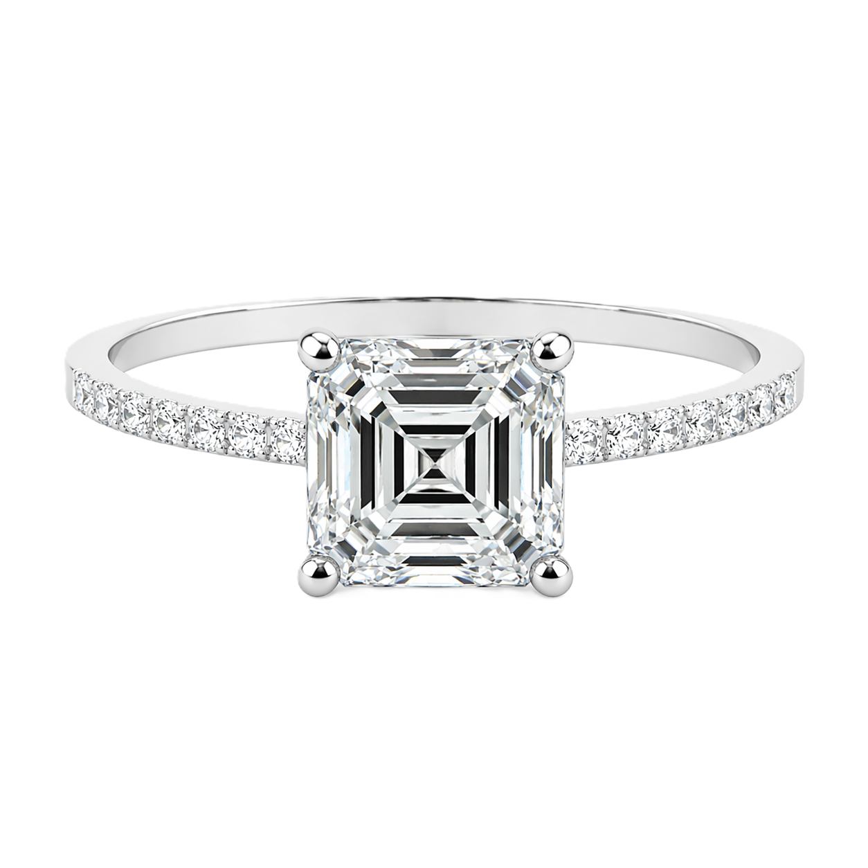 Moissanite asscher ring with a 6 mm asscher-cut stone, accented by moissanite in white gold-plated 925 silver. Sleek and refined. Available now at BSI Jewelry.
