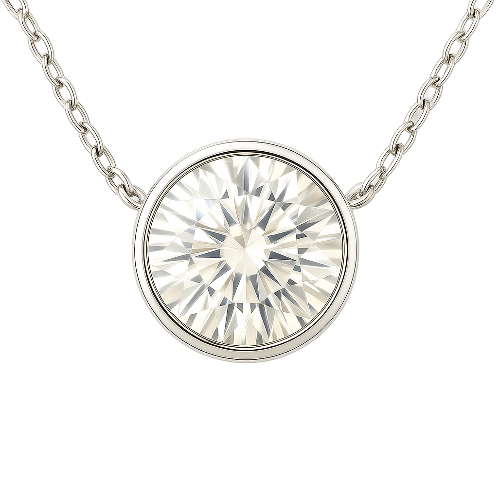 Modern Moissanite bezel solitaire necklace in 925 silver with 5.25mm round brilliant. Hypoallergenic, sleek, and timelessly elegant. Available at BSI Jewelry.