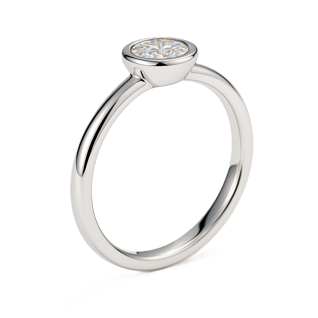 Moissanite bezel solitaire ring with a 3 mm round stone, crafted in white-gold-plated 925 silver. Elegant brilliance and timeless style. Available now at BSI Jewelry.