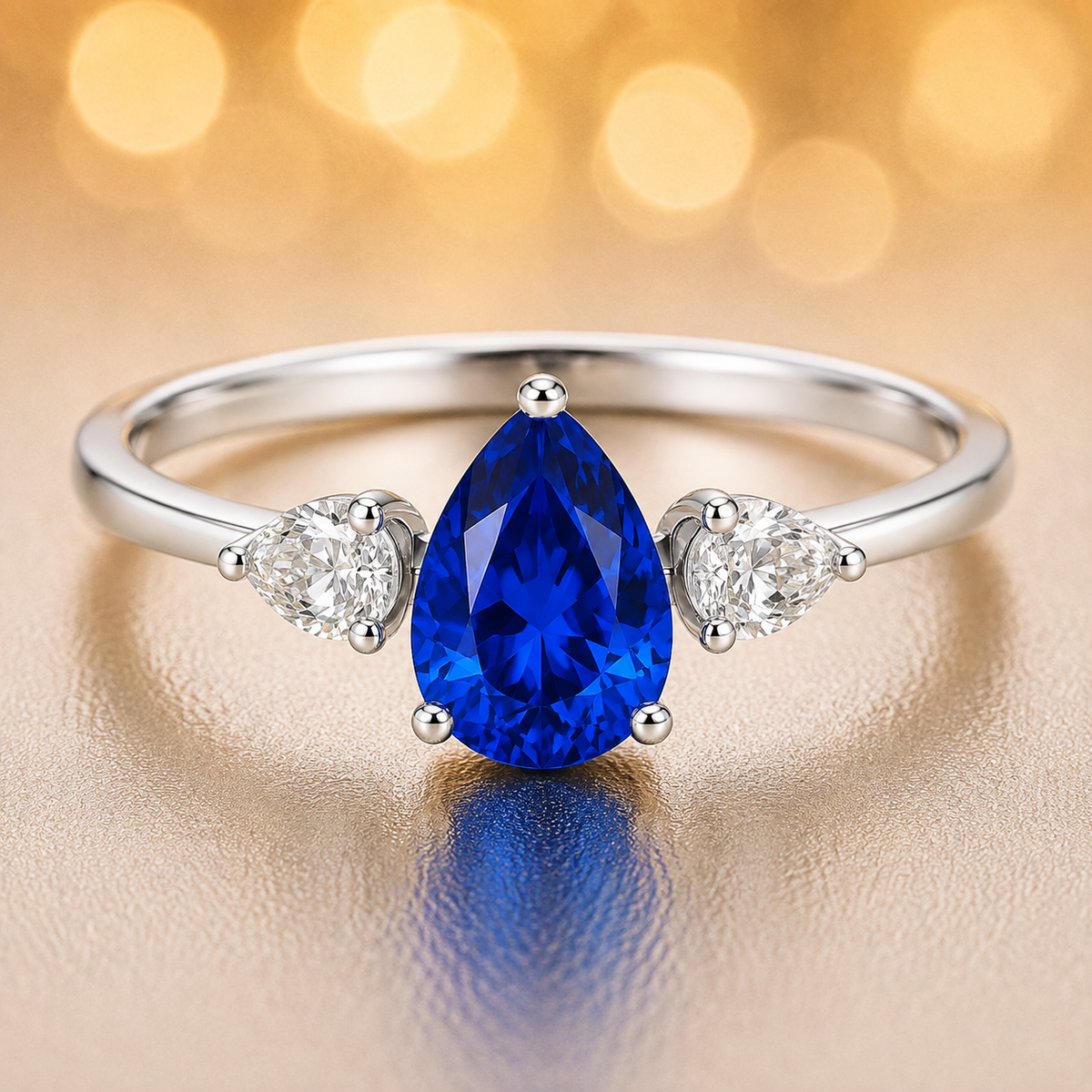 Pear-cut blue sapphire ring with two pear-cut Moissanite side stones in white-gold-plated 925 silver. Timeless elegance and vivid color. Available at BSI Jewelry.