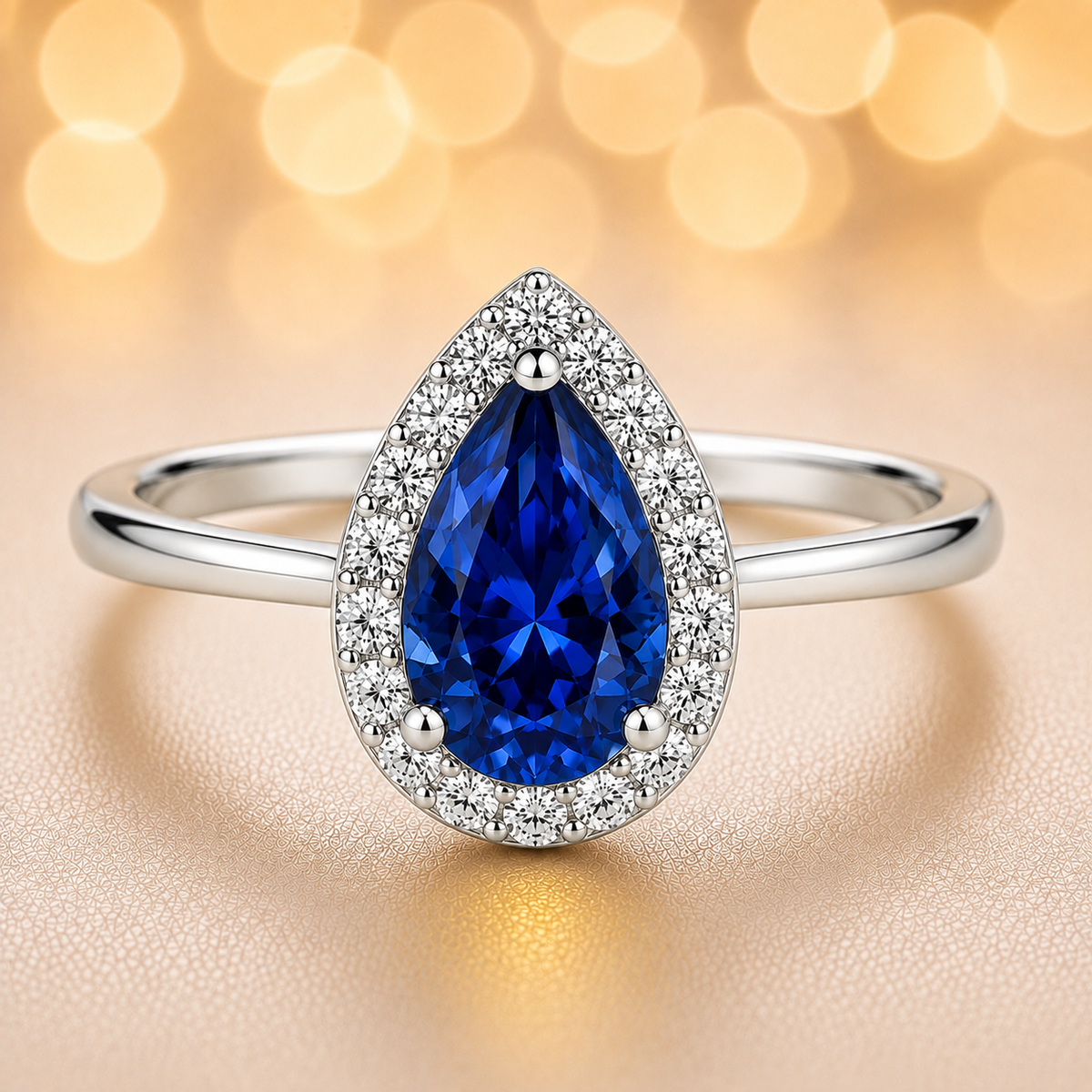 7×5 mm pear-cut blue sapphire ring with Moissanite halo in white-gold-plated 925 silver. Vivid brilliance and refined sparkle. Available Now at BSI Jewelry.