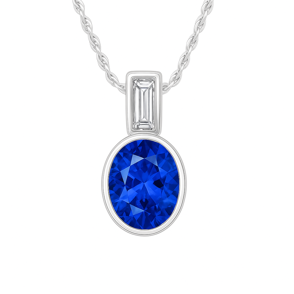 Elegant 7×5 mm Blue Sapphire pendant in white-gold-plated 925 silver, highlighted with a Moissanite accent for refined sparkle. Available now at BSI Jewelry.