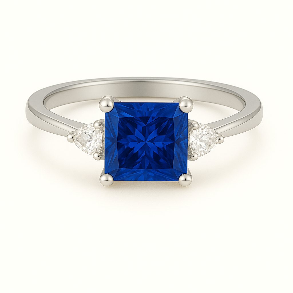 6 mm princess-cut blue sapphire ring with Moissanite accents in white-gold-plated 925 silver. Radiant sparkle and timeless elegance. Available at BSI Jewelry.