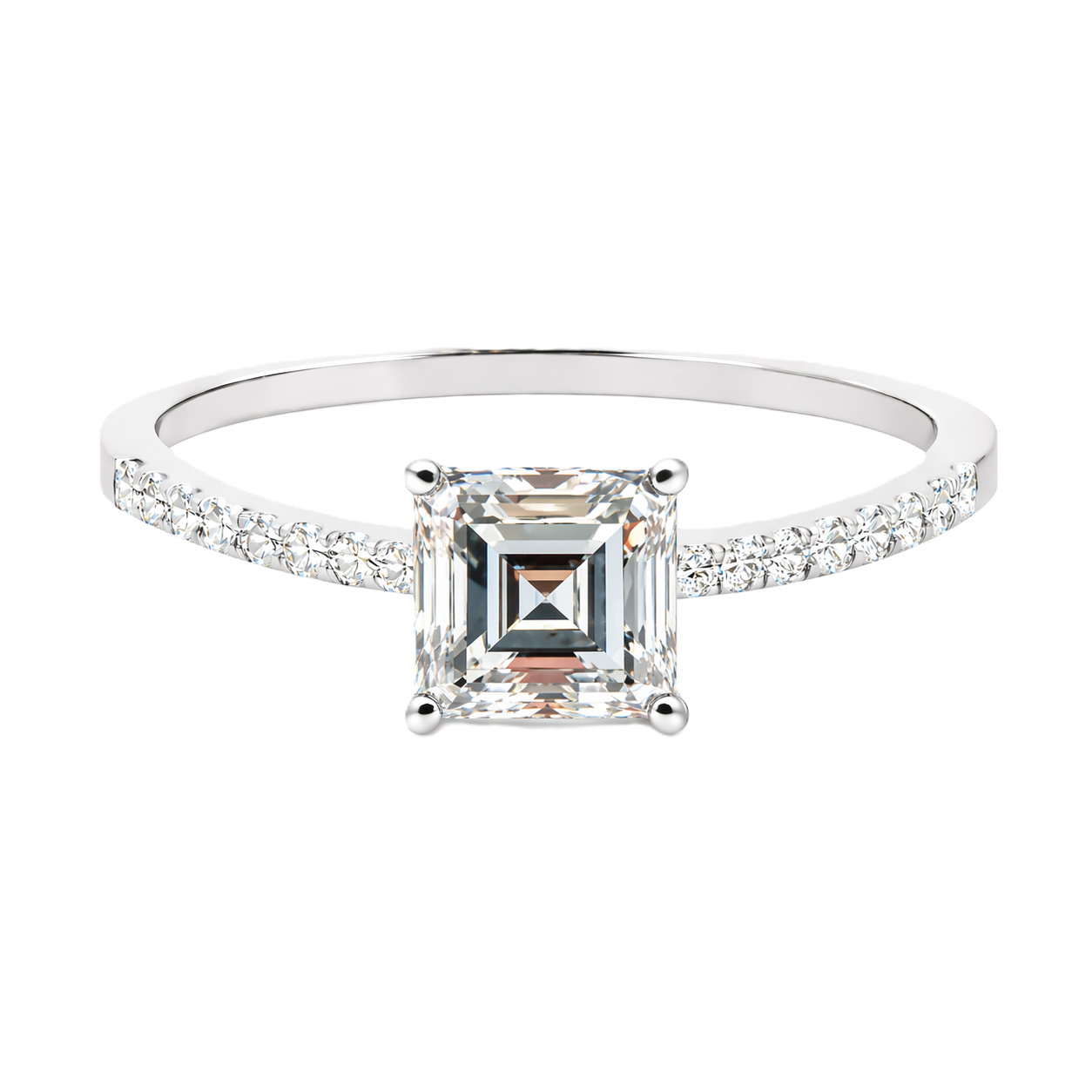 Moissanite carré ring with a 6 mm square-cut stone, accented by moissanite in white gold-plated 925 silver. Modern and refined. Available now at BSI Jewelry.