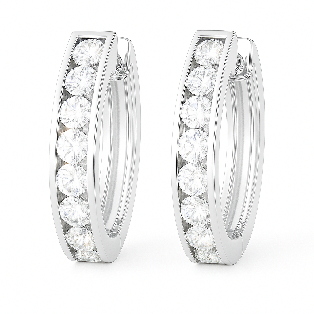 2.5 mm moissanite channel set huggies earrings in white gold-plated 925 silver. Sleek, refined and hypoallergenic for daily wear. Available now at BSI Jewelry.