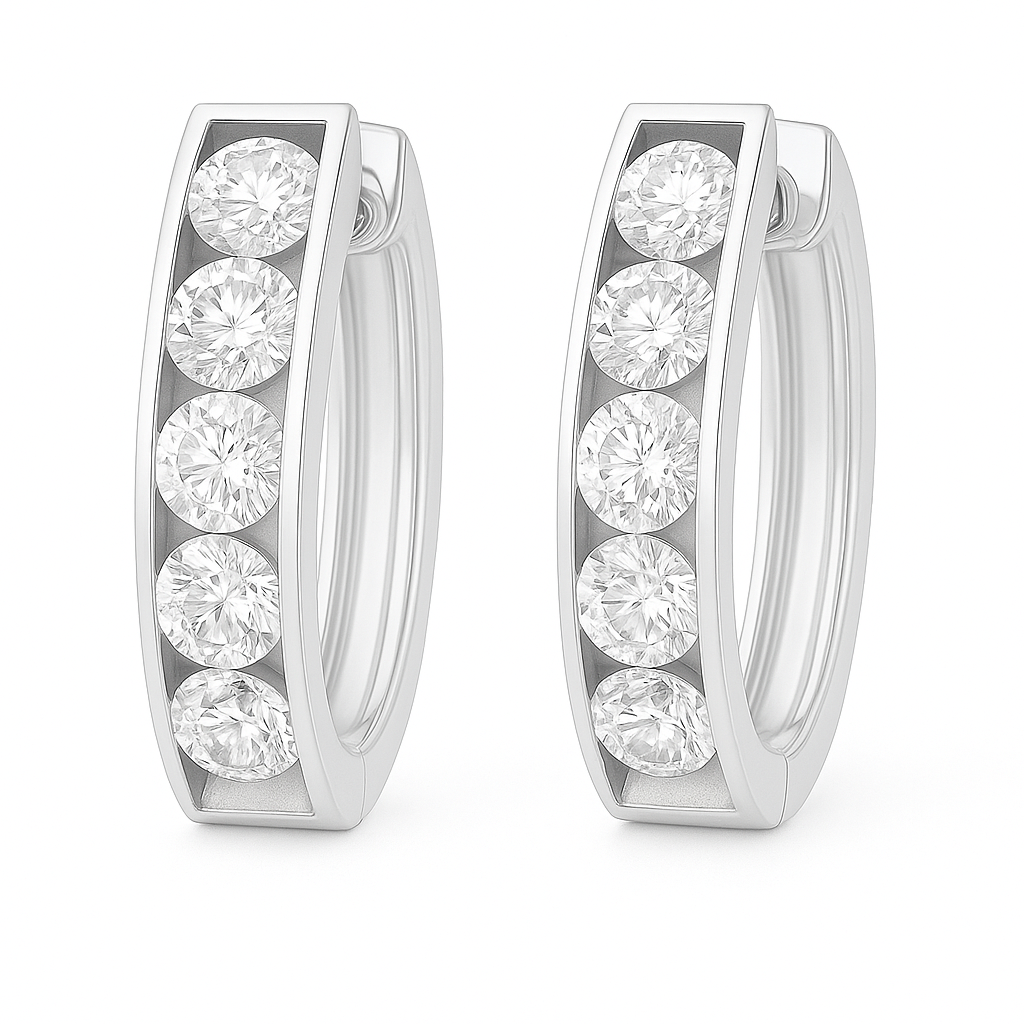 3.5 mm moissanite channel set huggies earring in white gold-plated 925 silver. Sleek, refined and hypoallergenic for daily wear. Available now at BSI Jewelry.