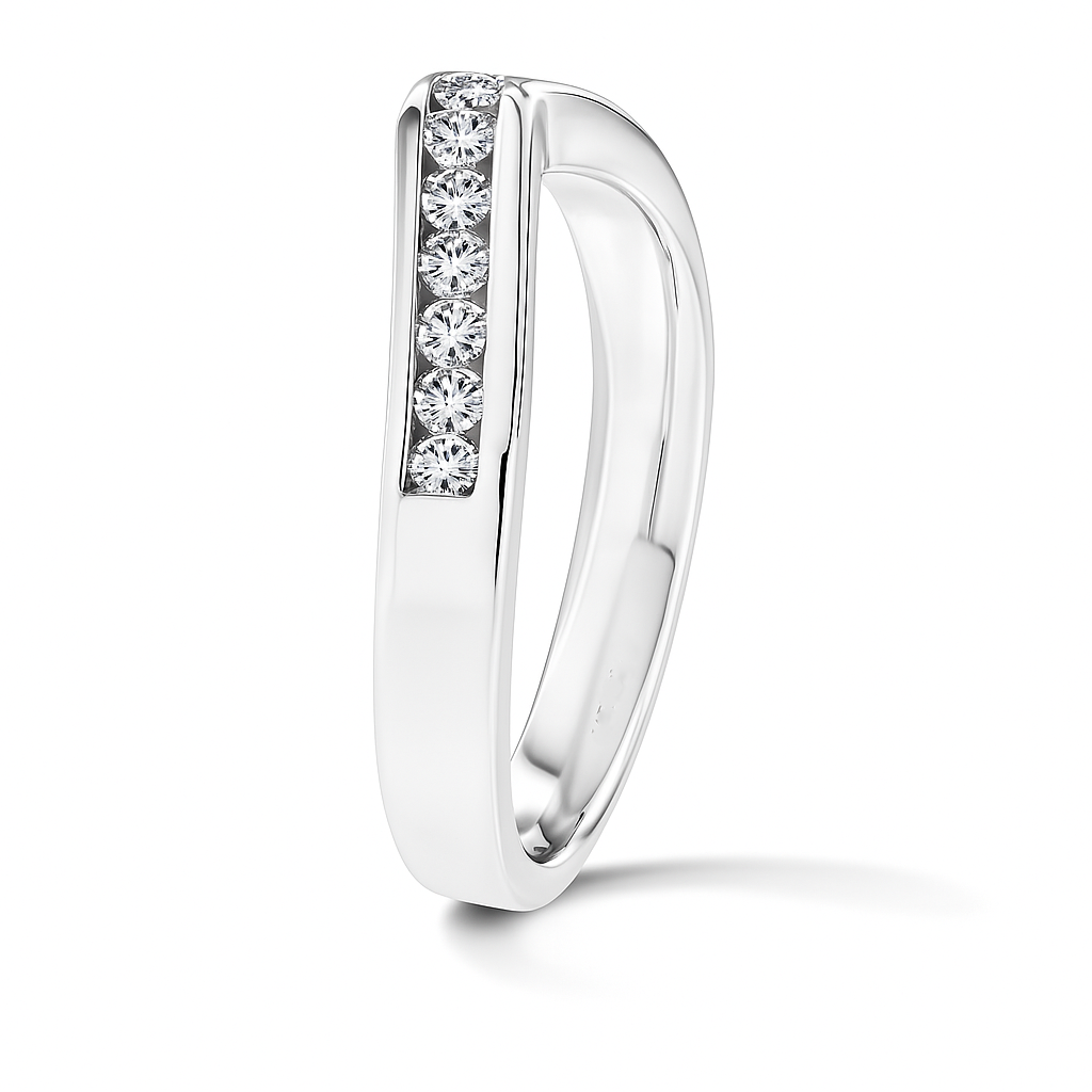 Elegant Moissanite channel wedding band in 925 silver, set for radiant brilliance and daily comfort. Hypoallergenic and timelessly stylish. Now at BSI Jewelry.
