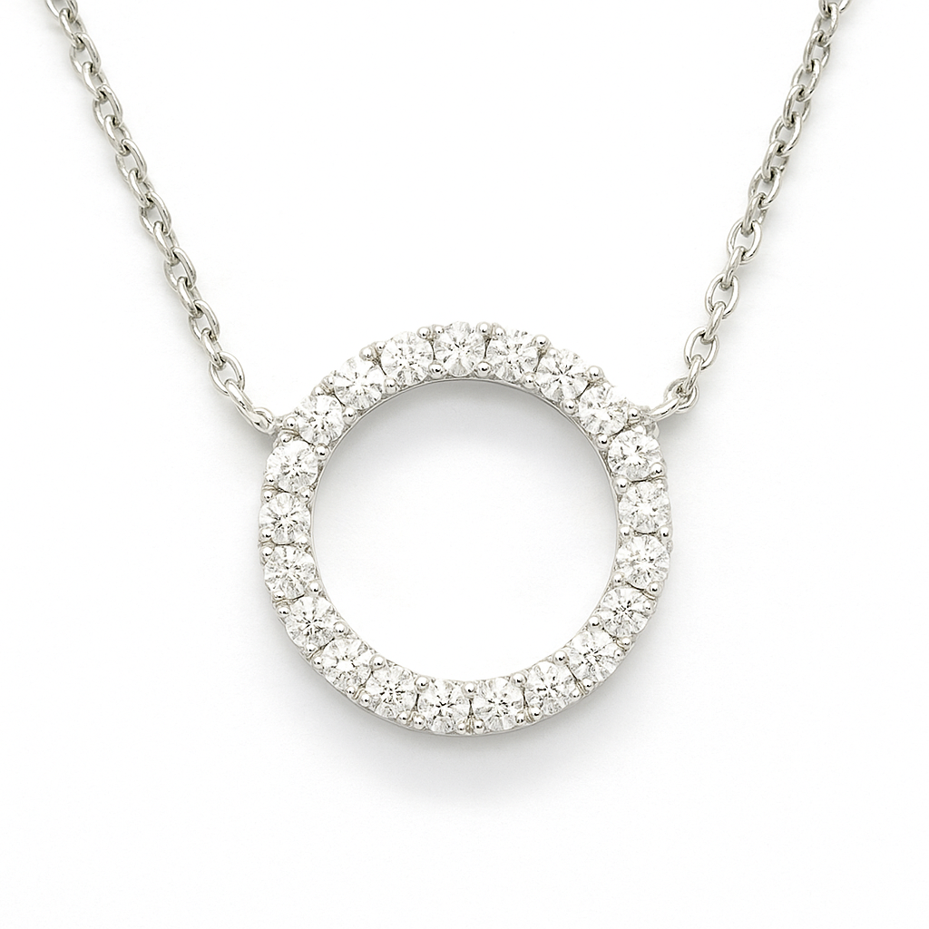 Elegant Moissanite circle necklace in 925 silver with pavé brilliance. Open-circle design symbolizing unity, eternity and harmony. Available now at BSI Jewelry.
