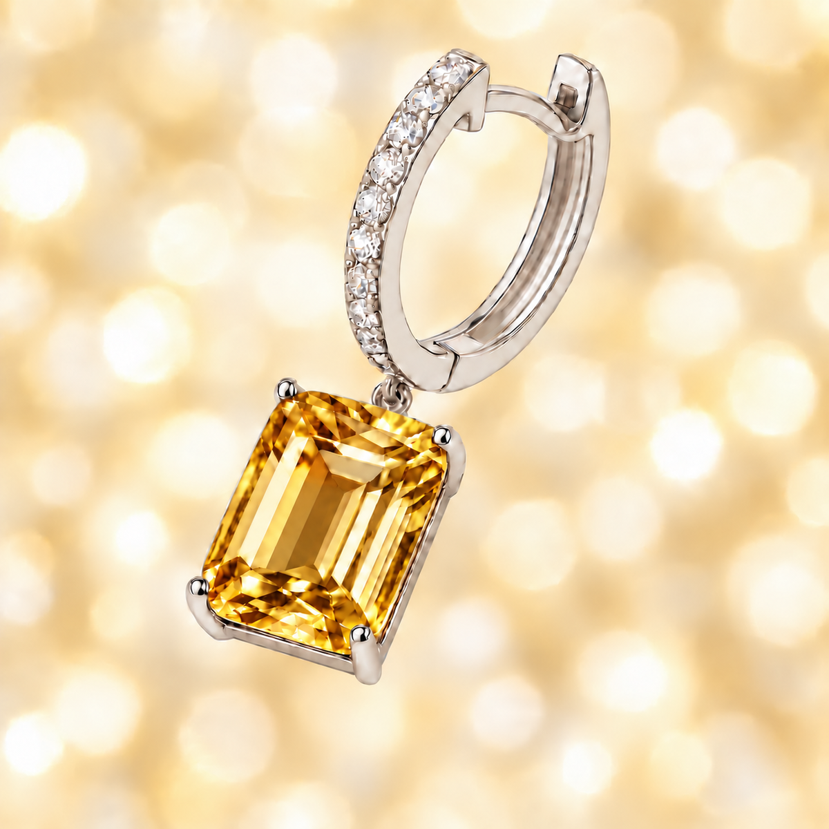 Moissanite & Citrine Huggie Earrings, 8×6 mm emerald cut, crafted in white gold-plated 925 silver. Stylish and hypoallergenic. Available now at BSI Jewelry.