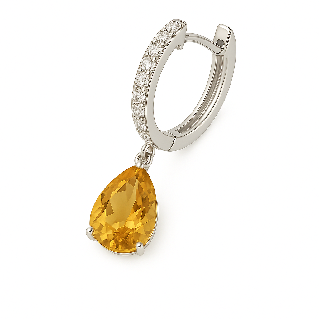 Moissanite & Citrine Pear Drop Huggie Earrings, 8×6 mm pear cut, crafted in white gold-plated 925 silver. Vibrant and hypoallergenic. Available at BSI Jewelry.