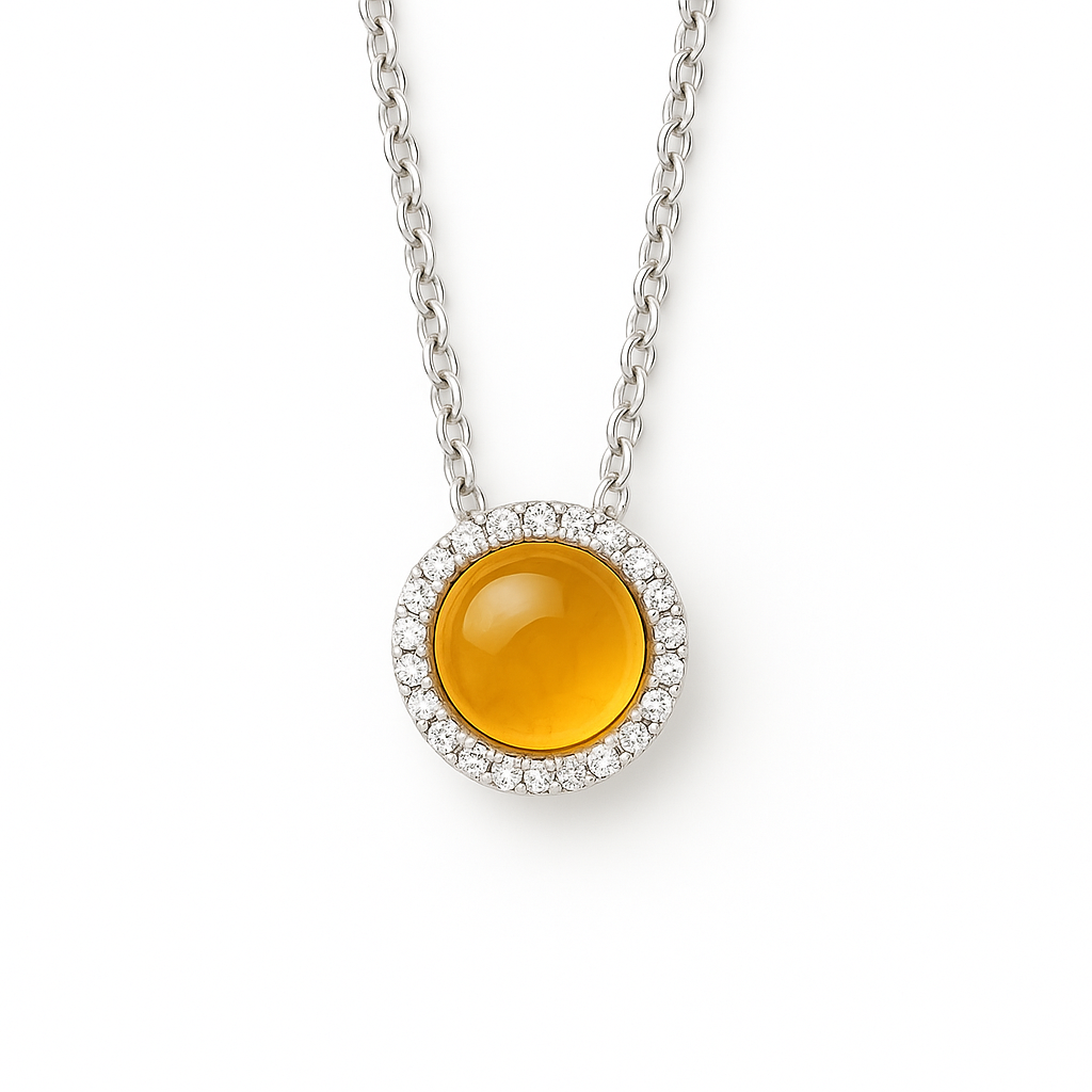 Bright citrine cabochon pendant accented with Moissanite in 925 silver. 6mm gem, hypoallergenic, and radiant elegance. Available now at BSI Jewelry.
