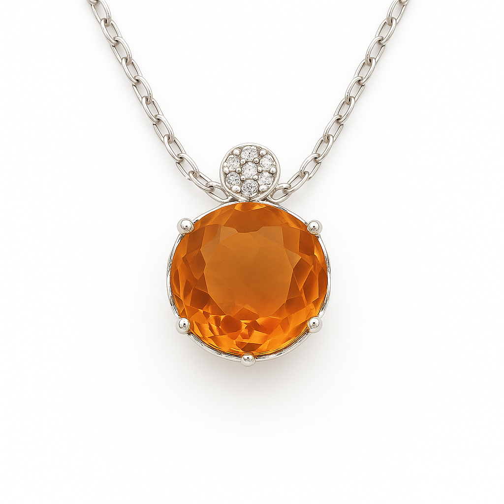 Radiant citrine cabochon pendant accented with Moissanite in 925 silver. 9 mm gem, hypoallergenic design and timeless elegance. Available now at BSI Jewelry.
