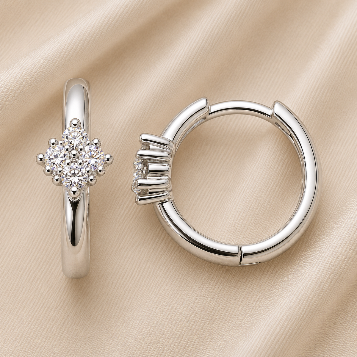 Chic Moissanite cluster huggie earrings in 925 silver with floral-inspired sparkle. White gold-plated, hypoallergenic and elegant. Available now at BSI Jewelry.