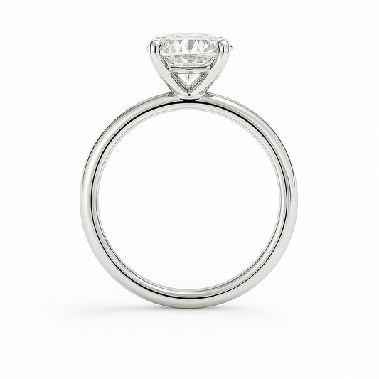 Radiant 7 mm cushion-cut Moissanite solitaire in white-gold-plated 925 silver with palladium-added alloy. Elegant and hypoallergenic. Available at BSI Jewelry.
