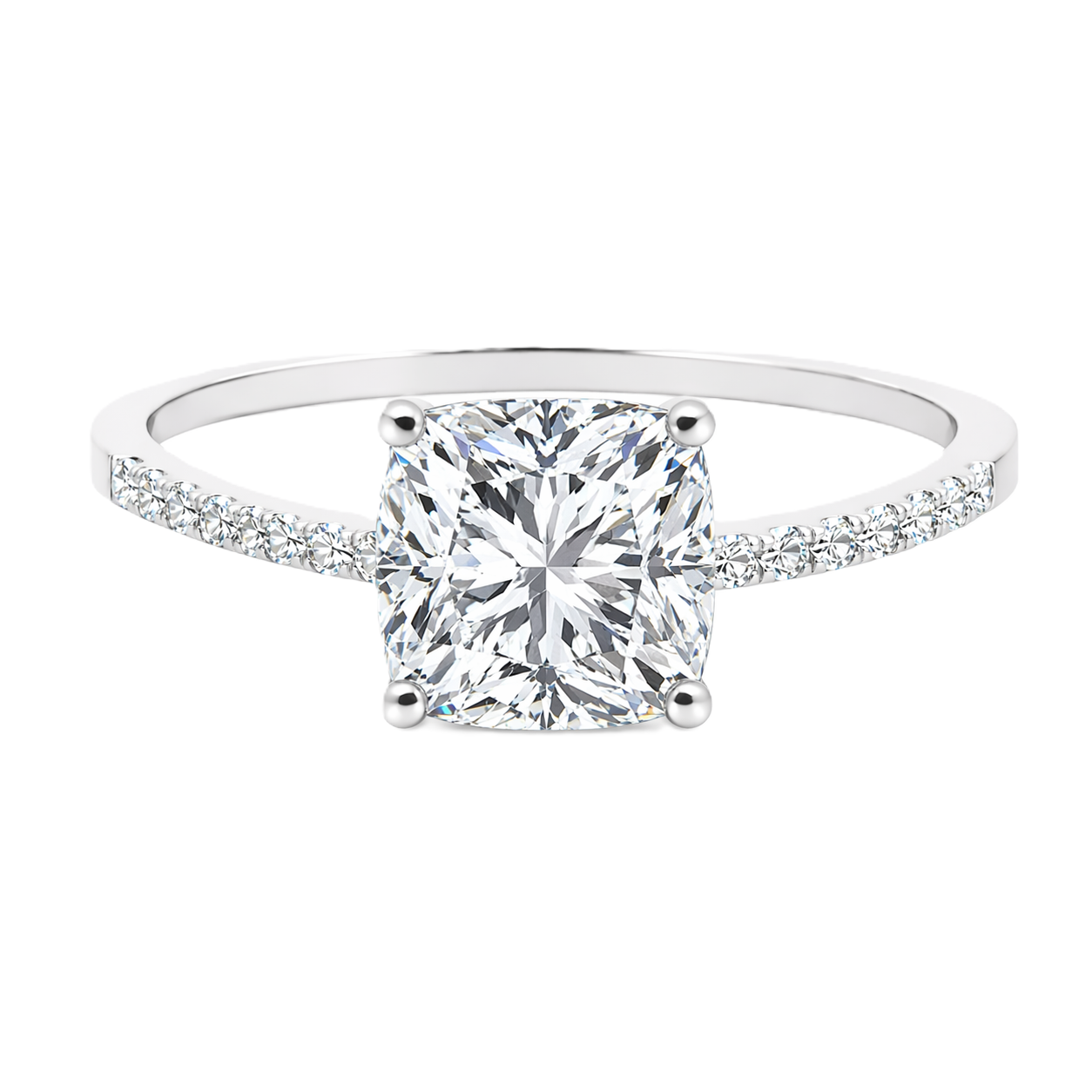 Moissanite cushion ring with a 6 mm cushion-cut, accented by moissanite in white gold-plated 925 silver. Elegant and timeless. Available now at BSI Jewelry.