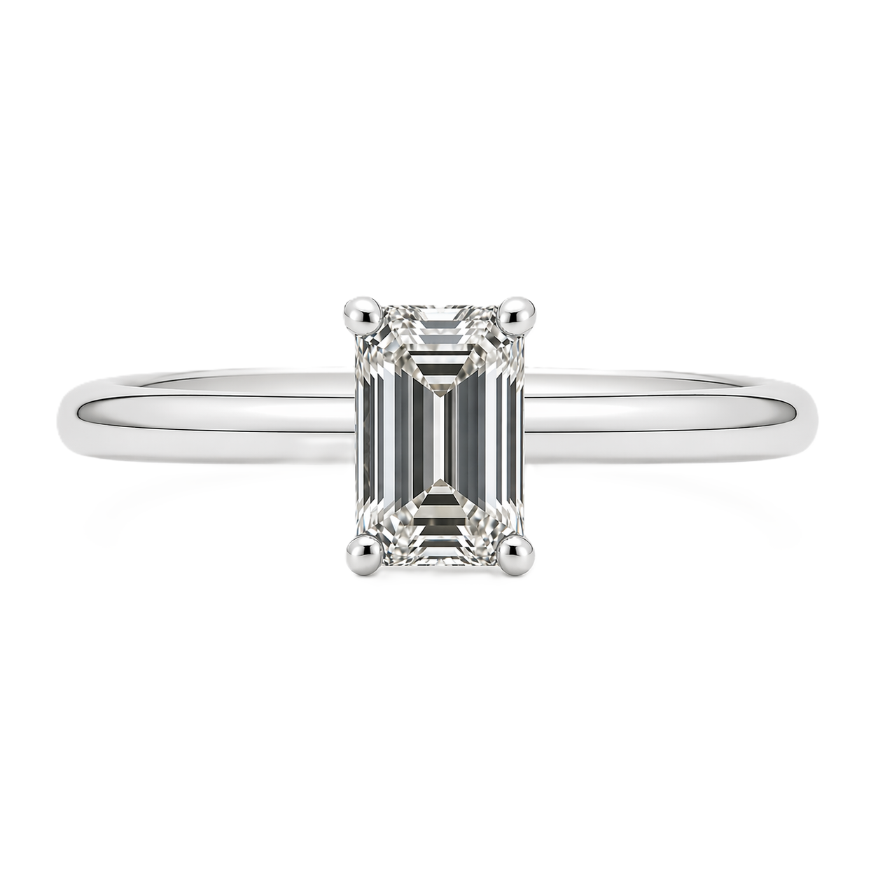 A 5×3 mm emerald-cut Moissanite solitaire in white gold-plated 925 silver with palladium alloy—brilliant, elegant, and hypoallergenic. Available at BSI Jewelry.