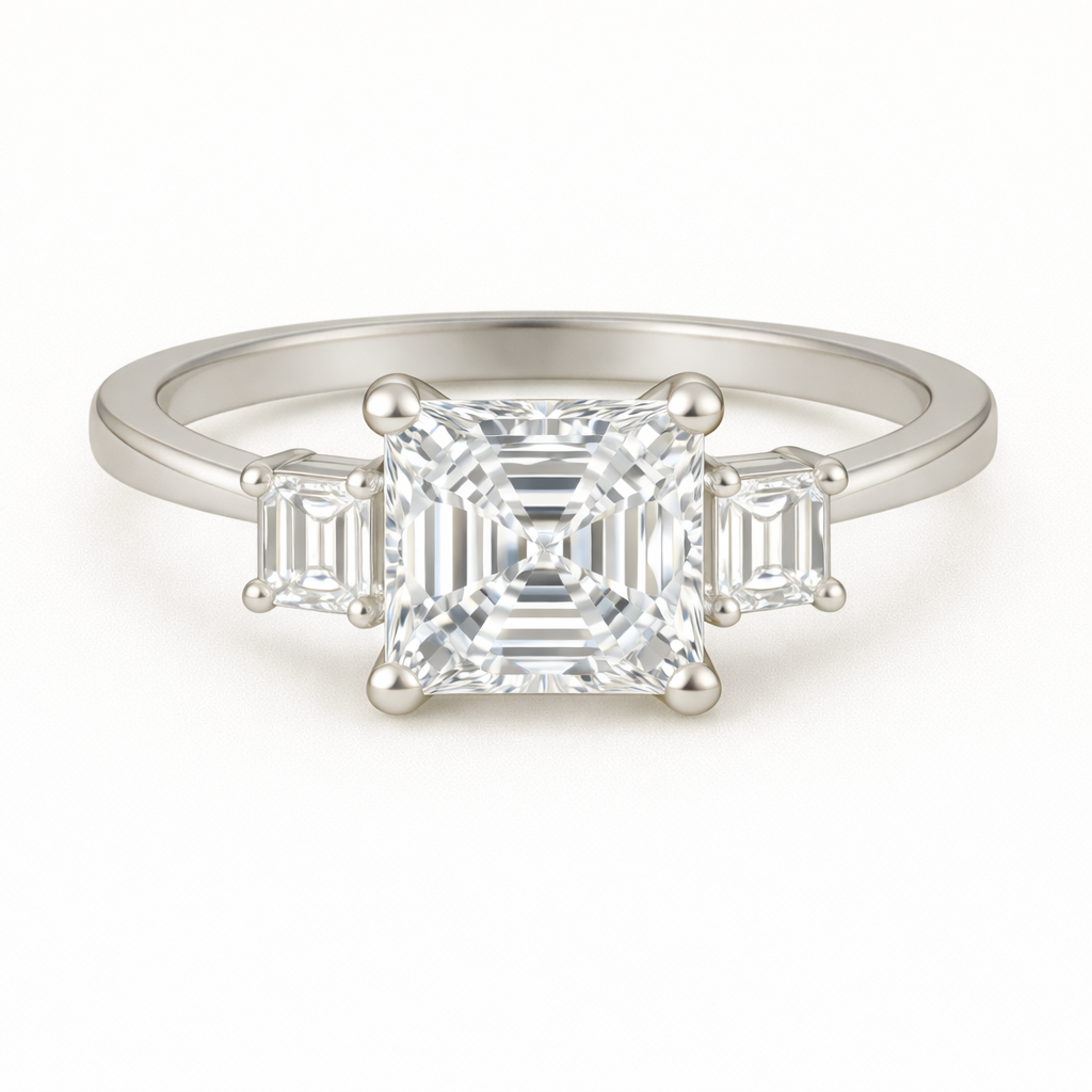 Moissanite engagement ring with 6 mm Asscher and emerald-cut accents in white gold-plated 925 silver. Elegant and hypoallergenic. Available now at BSI Jewelry.