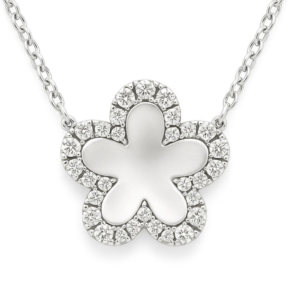 Charming Moissanite flower necklace in 925 silver with a sparkling pavé halo. A feminine and timeless piece symbolizing beauty and grace. Available now at BSI Jewelry.