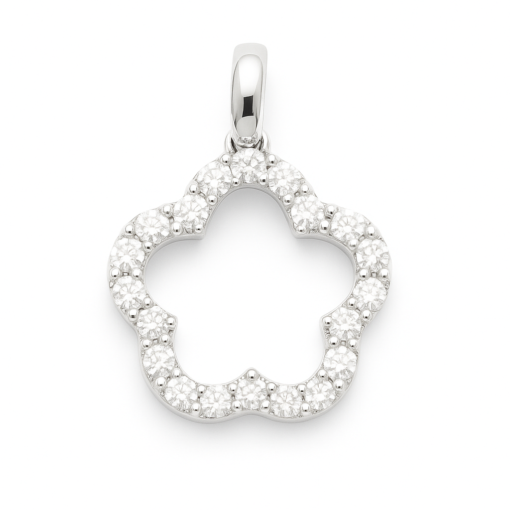 Delicate Moissanite flower pendant in 925 silver in pavé sparkle. Hypoallergenic and finely crafted for timeless feminine beauty. Available now at BSI Jewelry.