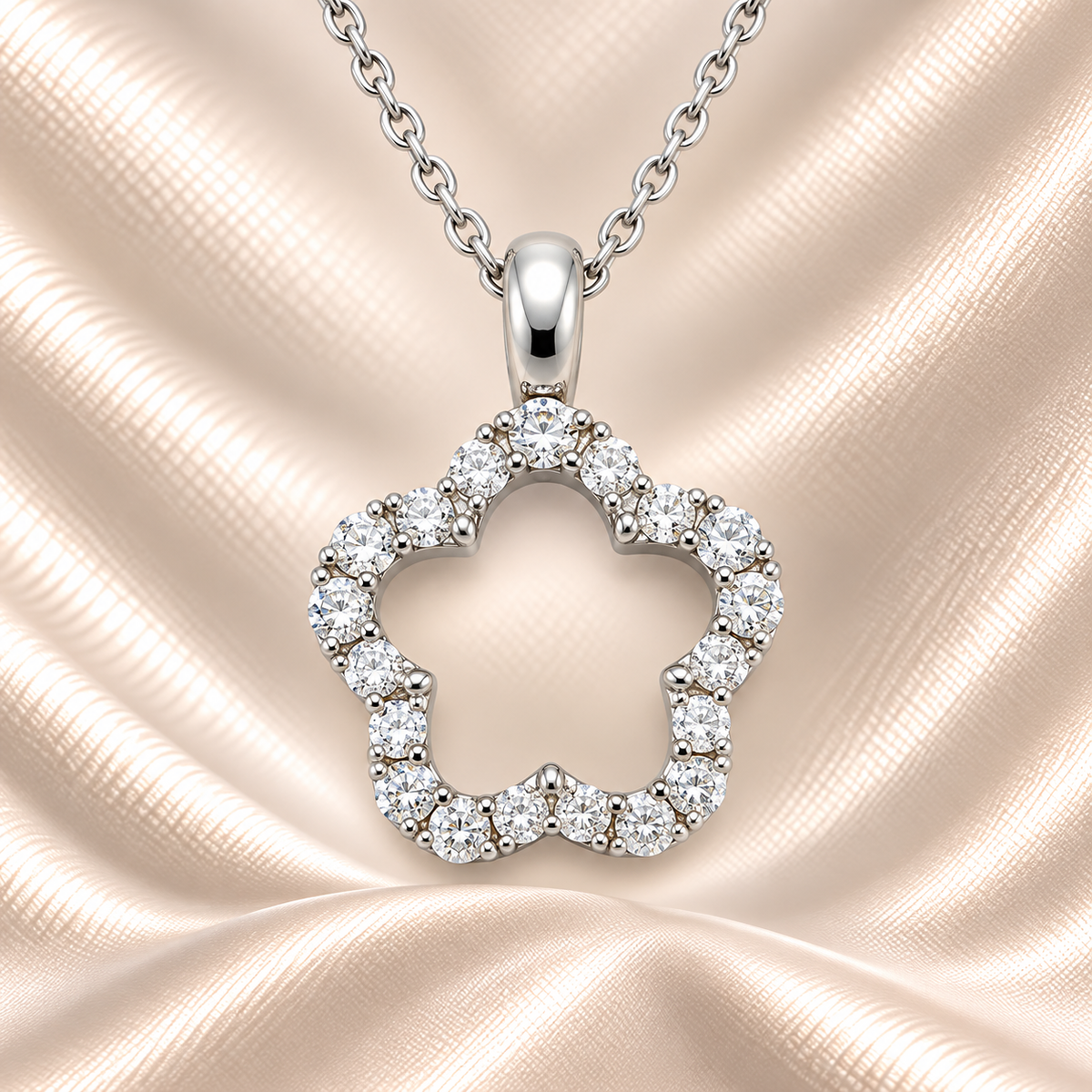 Delicate Moissanite flower pendant in 925 silver in pavé sparkle. Hypoallergenic and finely crafted for timeless feminine beauty. Available now at BSI Jewelry.