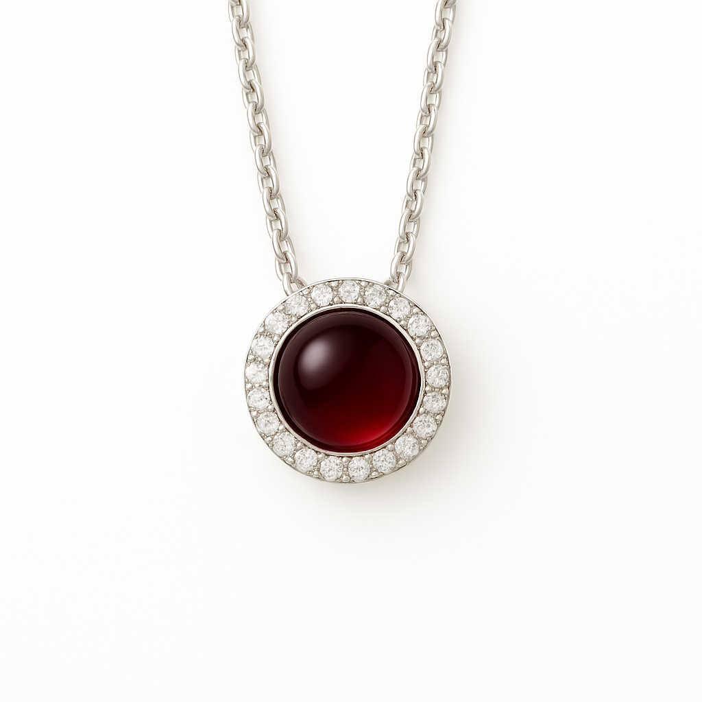 Radiant garnet cabochon pendant accented with Moissanite in 925 silver. 6mm gem, hypoallergenic, and timeless fiery elegance. Available now at BSI Jewelry.