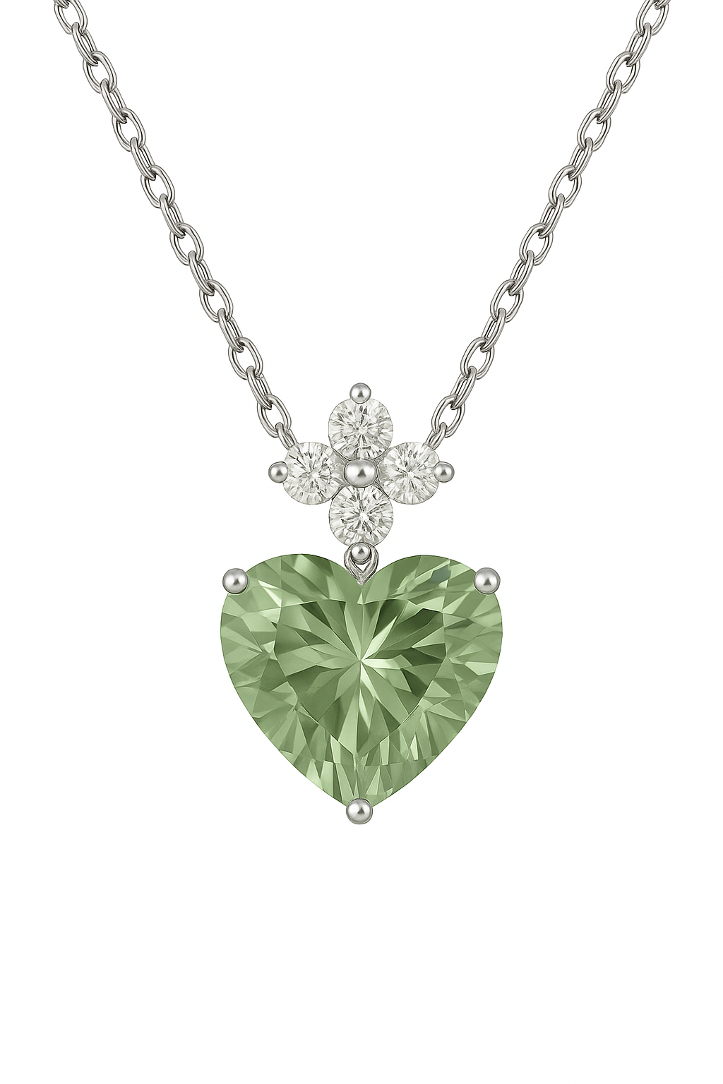 Delicate 7mm heart-cut Green Amethyst necklace with Moissanite accents in white-gold-plated 925 silver. Refined sparkle with serene beauty. Now at BSI Jewelry.