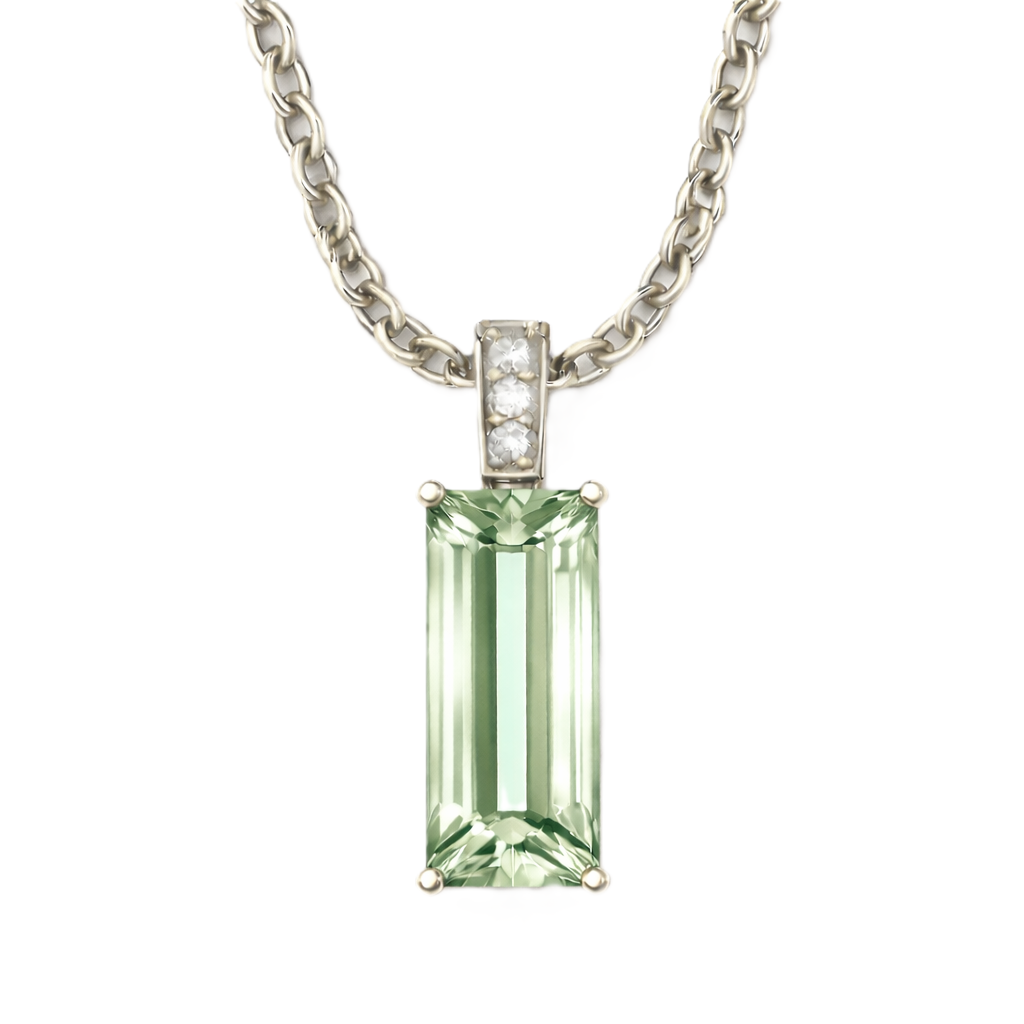 Moissanite and green amethyst pendant with a 14 × 6 mm baguette-cut gemstone in white gold-plated 925 silver. Calm and elegant. Available now at BSI Jewelry.