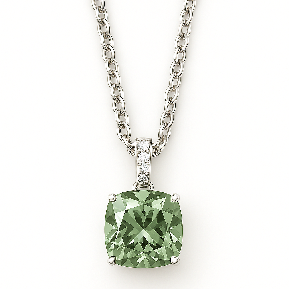 Elegant cushion green amethyst pendant accented with Moissanite in 925 silver. 8mm gem, hypoallergenic, and timeless beauty. Available now at BSI Jewelry.