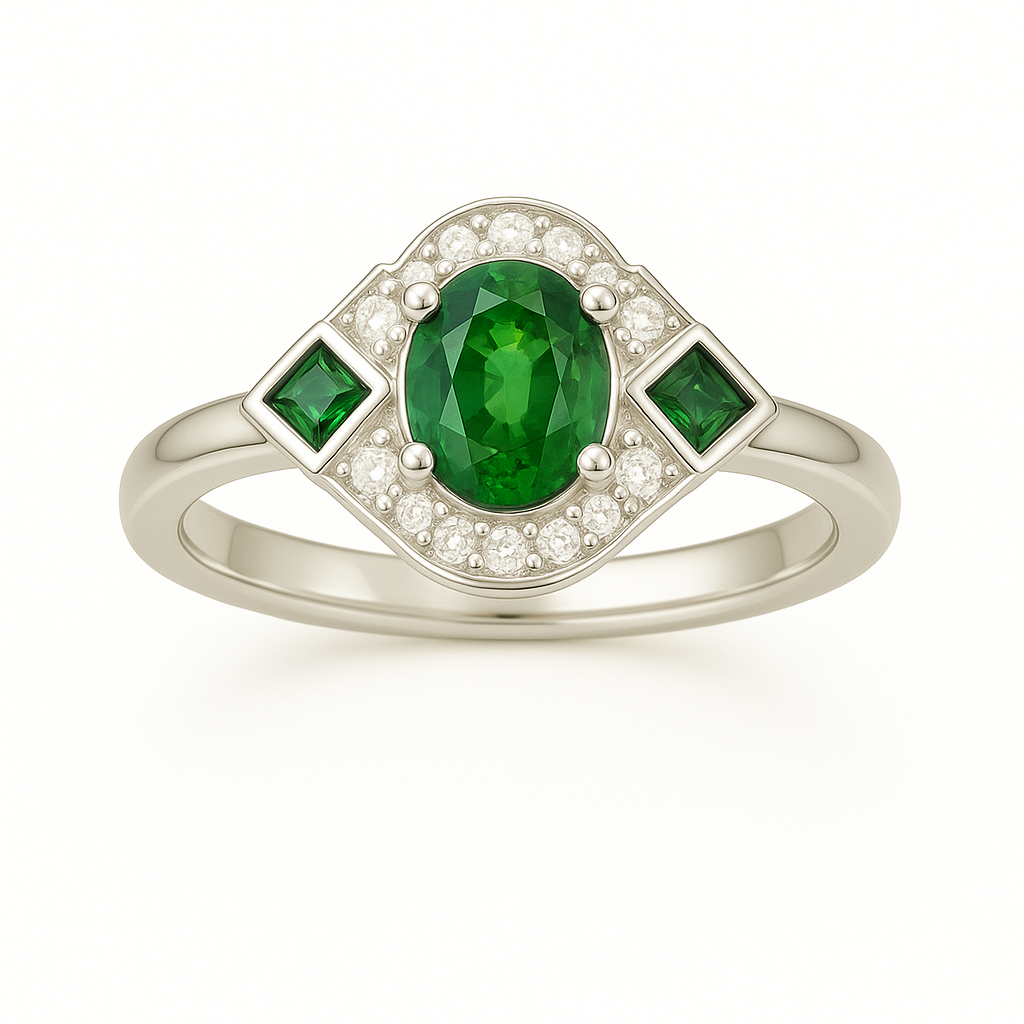 5×4 mm green sapphire ring with white Moissanite in white gold-plated hypoallergenic 925 silver. Timeless color with elegant sparkle. Available now at BSI Jewelry.