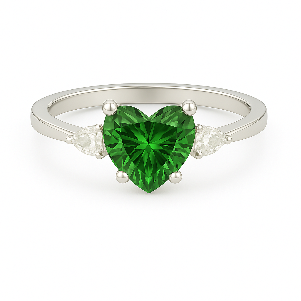 6 mm heart-cut green sapphire ring with pear-shaped Moissanite accents, set in white-gold-plated 925 silver. Romantic and charming. Available now at BSI Jewelry.