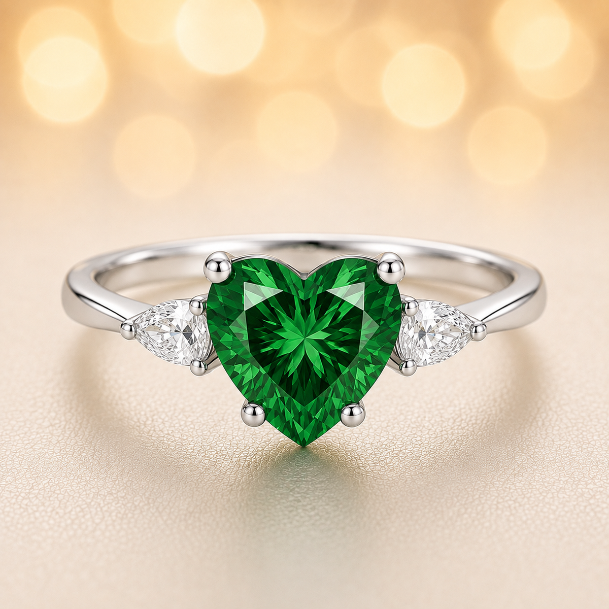 6 mm heart-cut green sapphire ring with pear-shaped Moissanite accents, set in white-gold-plated 925 silver. Romantic and charming. Available now at BSI Jewelry.