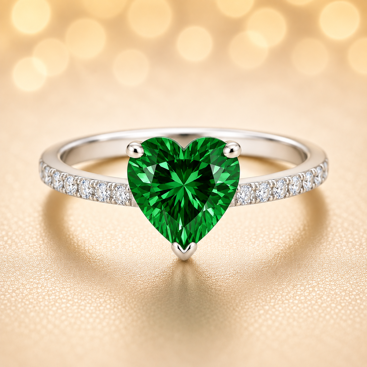 6mm heart-cut Green Sapphire ring with Moissanite accents in white-gold-plated 925 silver. Romantic, elegant, and hypoallergenic. Available now at BSI Jewelry.