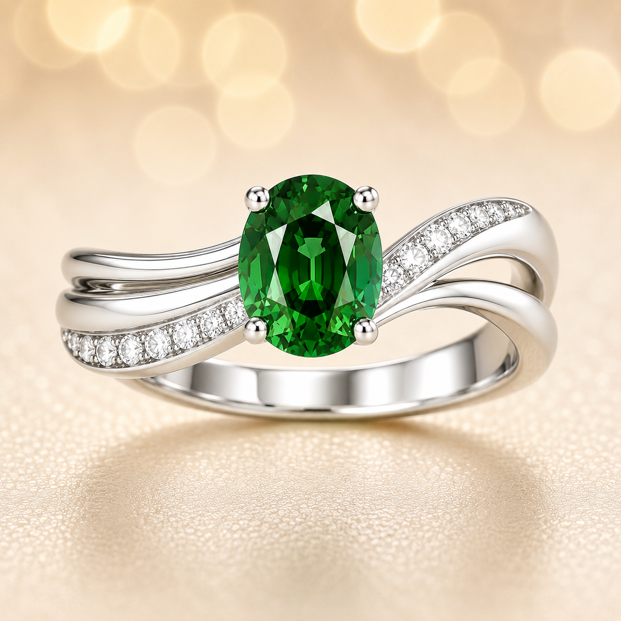5×4 mm oval-cut green sapphire ring with Moissanite accents on a wave band in white-gold-plated 925 silver. Graceful and timeless charm. Now at BSI Jewelry.