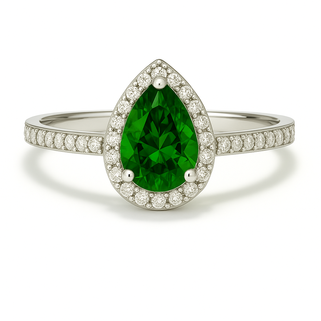7×5 mm pear-cut green sapphire ring with Moissanite halo in white-gold-plated 925 silver. Vibrant color and refined brilliance. Available now at BSI Jewelry.