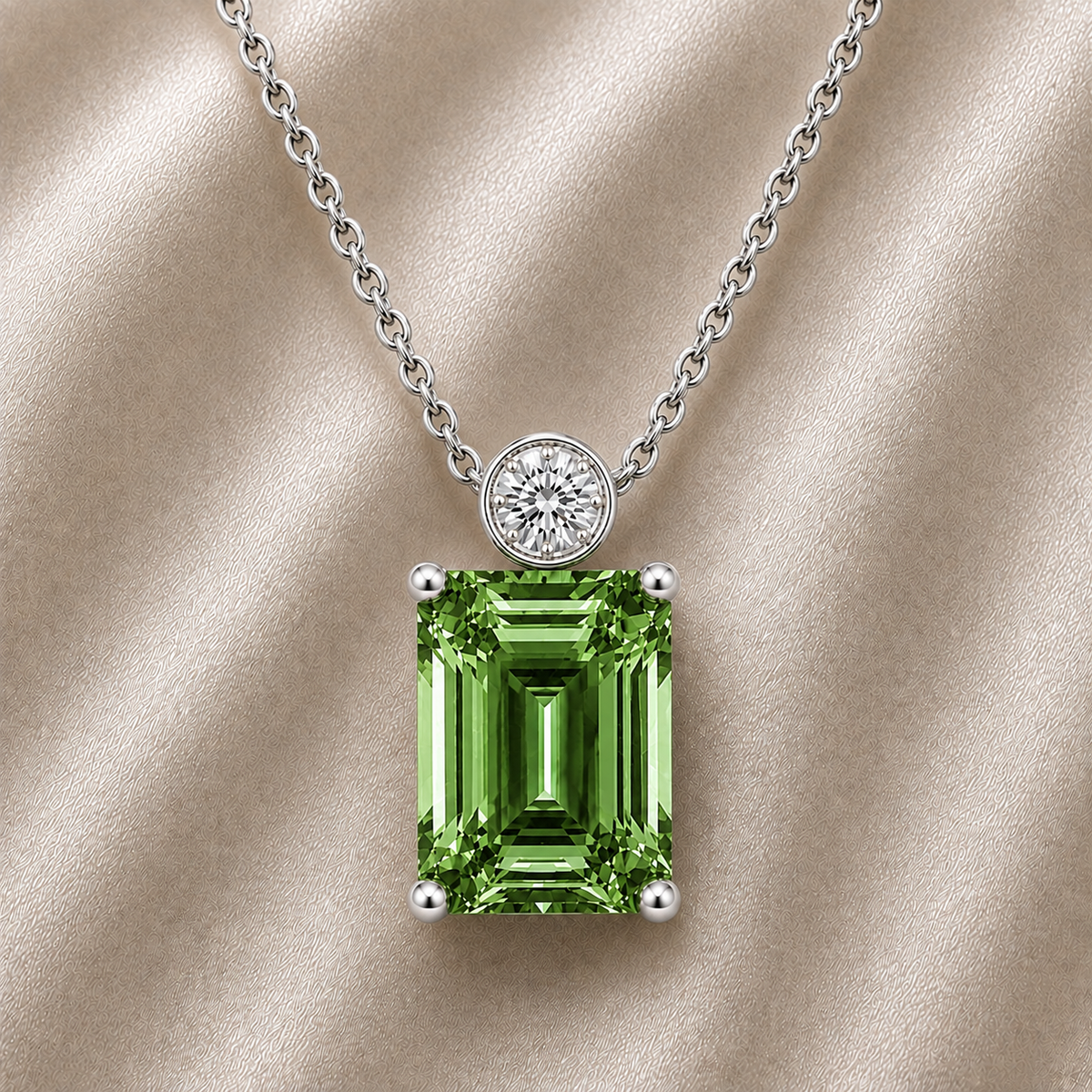 Green sapphire & Moissanite pendant with 7×5 mm emerald-cut stone in white gold-plated 925 silver. Elegant sparkle and hypoallergenic. Available at BSI Jewelry.