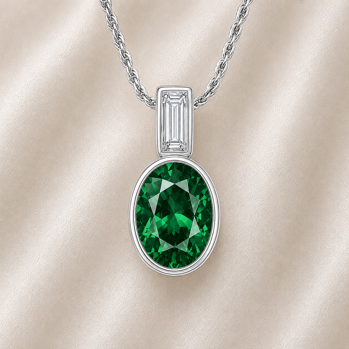 Elegant 7×5 mm Green Sapphire pendant in white-gold-plated 925 silver, highlighted with a Moissanite accent for refined sparkle. Available now at BSI Jewelry.