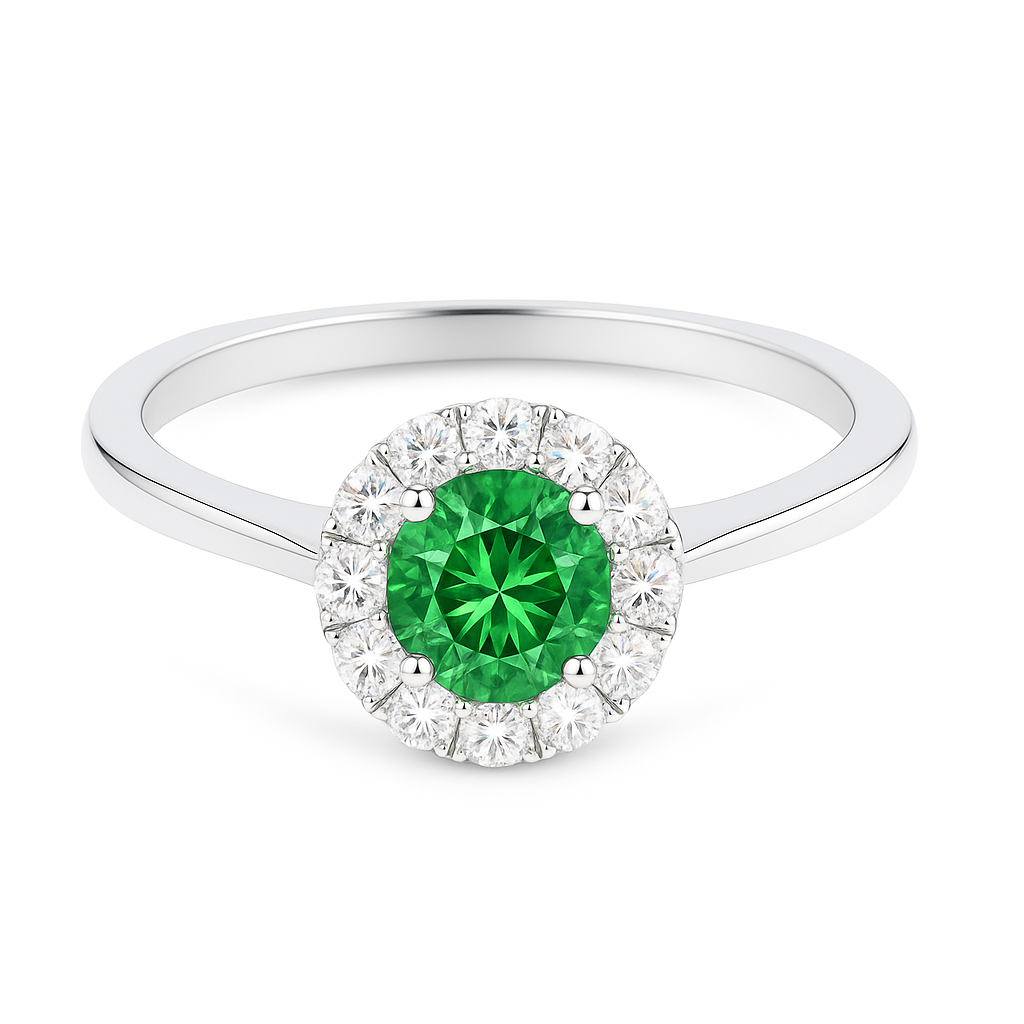 4.3 mm green sapphire halo ring with white Moissanite in white gold-plated hypoallergenic 925 silver. Timeless sparkle and color. Available now at BSI Jewelry.