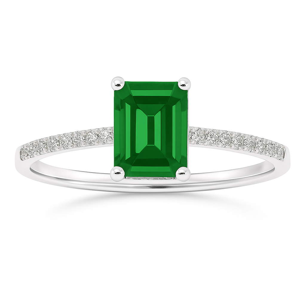 Emerald-cut 7×5 mm green sapphire ring with Moissanite on white gold-plated 925 silver. Elegant, brilliant, and hypoallergenic. Available now at BSI Jewelry.