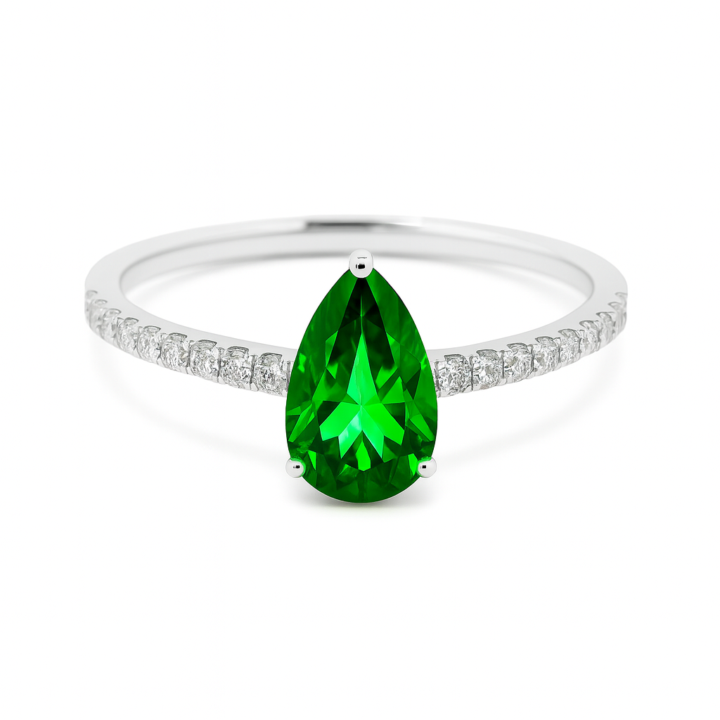 7×5 mm pear green sapphire ring with Moissanite on white gold-plated 925 silver. Elegant, radiant, and hypoallergenic. Available now at BSI Jewelry.