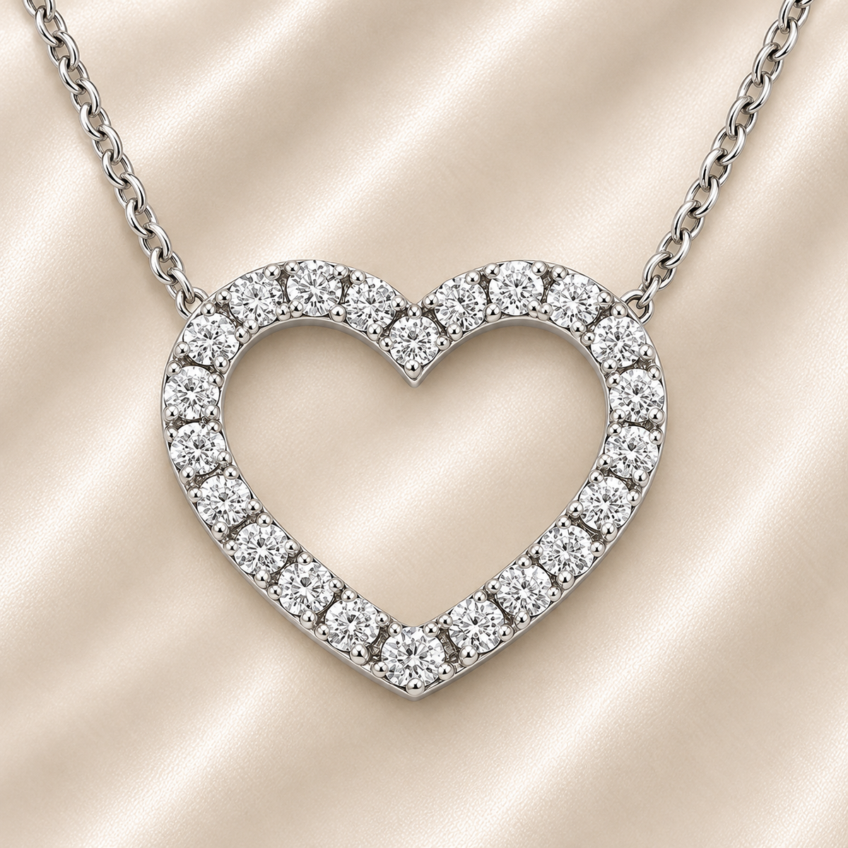 Romantic Moissanite heart necklace in 925 silver with pavé brilliance. Open-heart design symbolizing love and elegance. Available now at BSI Jewelry.