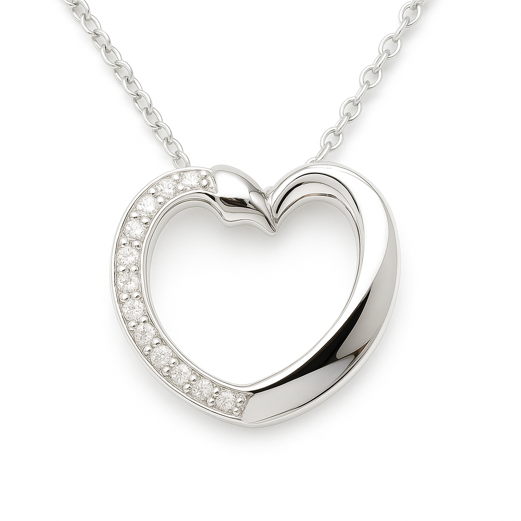 Elegant Moissanite heart pendant in 925 silver with pavé brilliance and fine chain. A timeless piece symbolizing love and grace. Available now at BSI Jewelry.