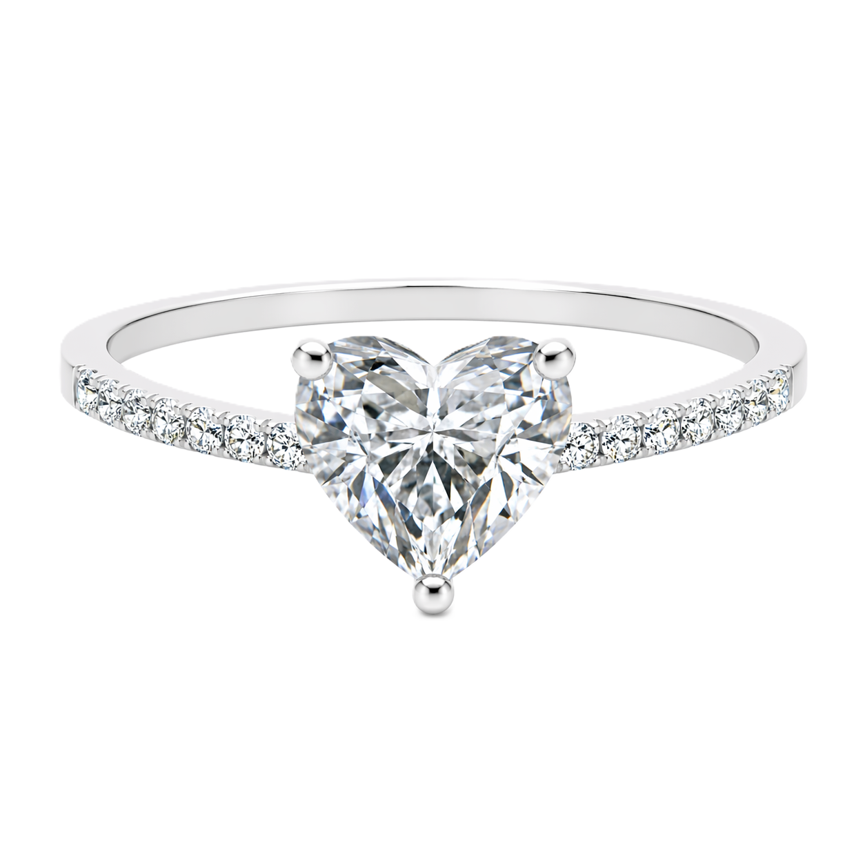 Moissanite heart ring with a 6 mm heart-cut stone, accented by moissanite in white gold-plated 925 silver. Romantic and elegant. Available now at BSI Jewelry.