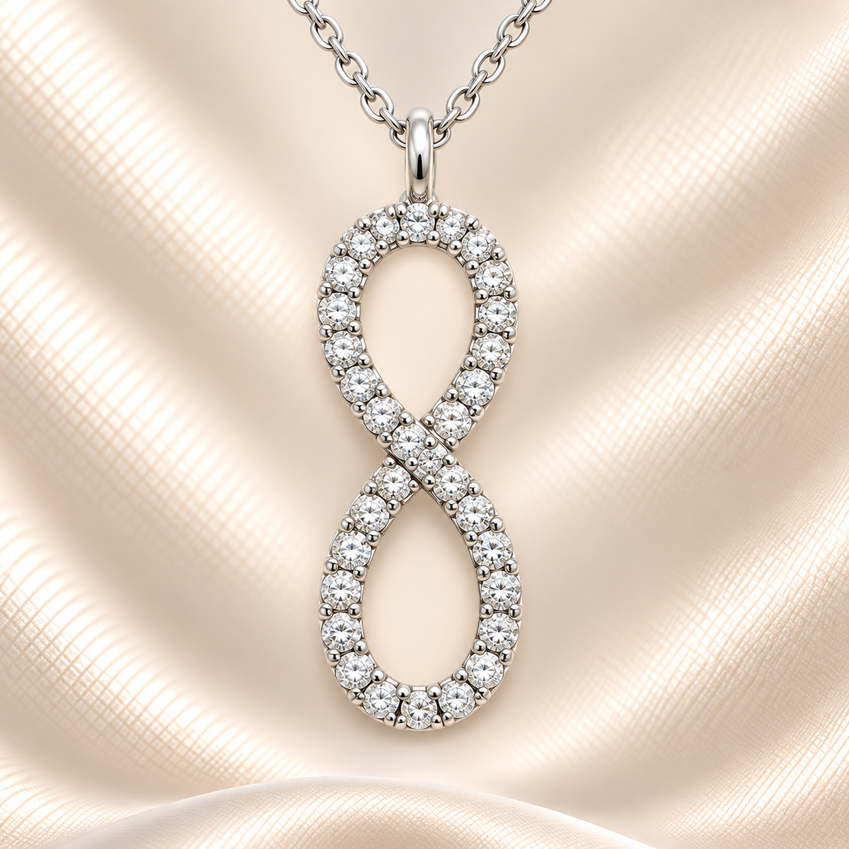 Timeless Moissanite infinity pendant in 925 silver with pavé sparkle. Includes chain, white gold-plated, hypoallergenic, and elegant. Available at BSI Jewelry.