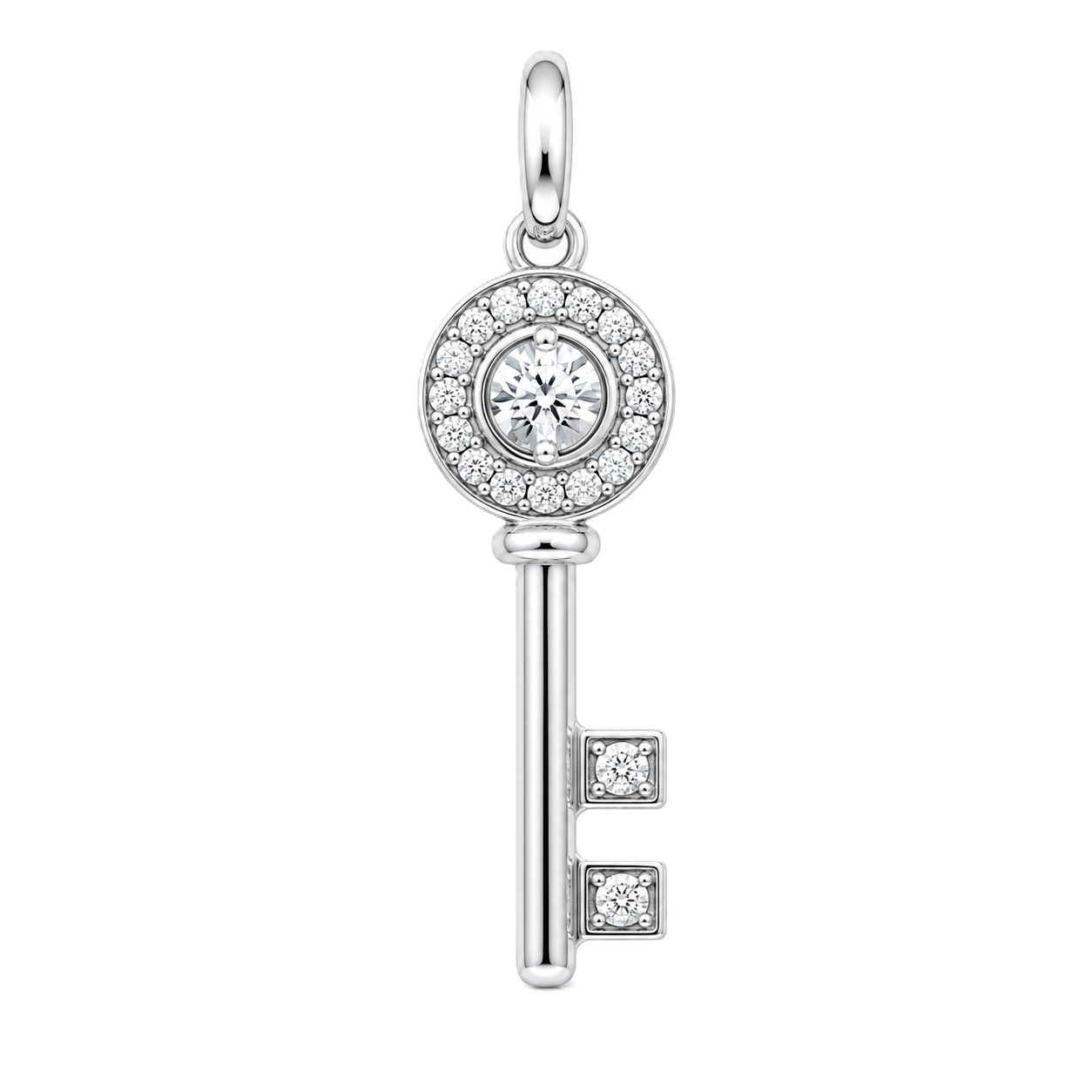 Elegant Moissanite key pendant in 925 silver, symbolizing love and new beginnings. Hypoallergenic, radiant, and timeless. Available now at BSI Jewelry.