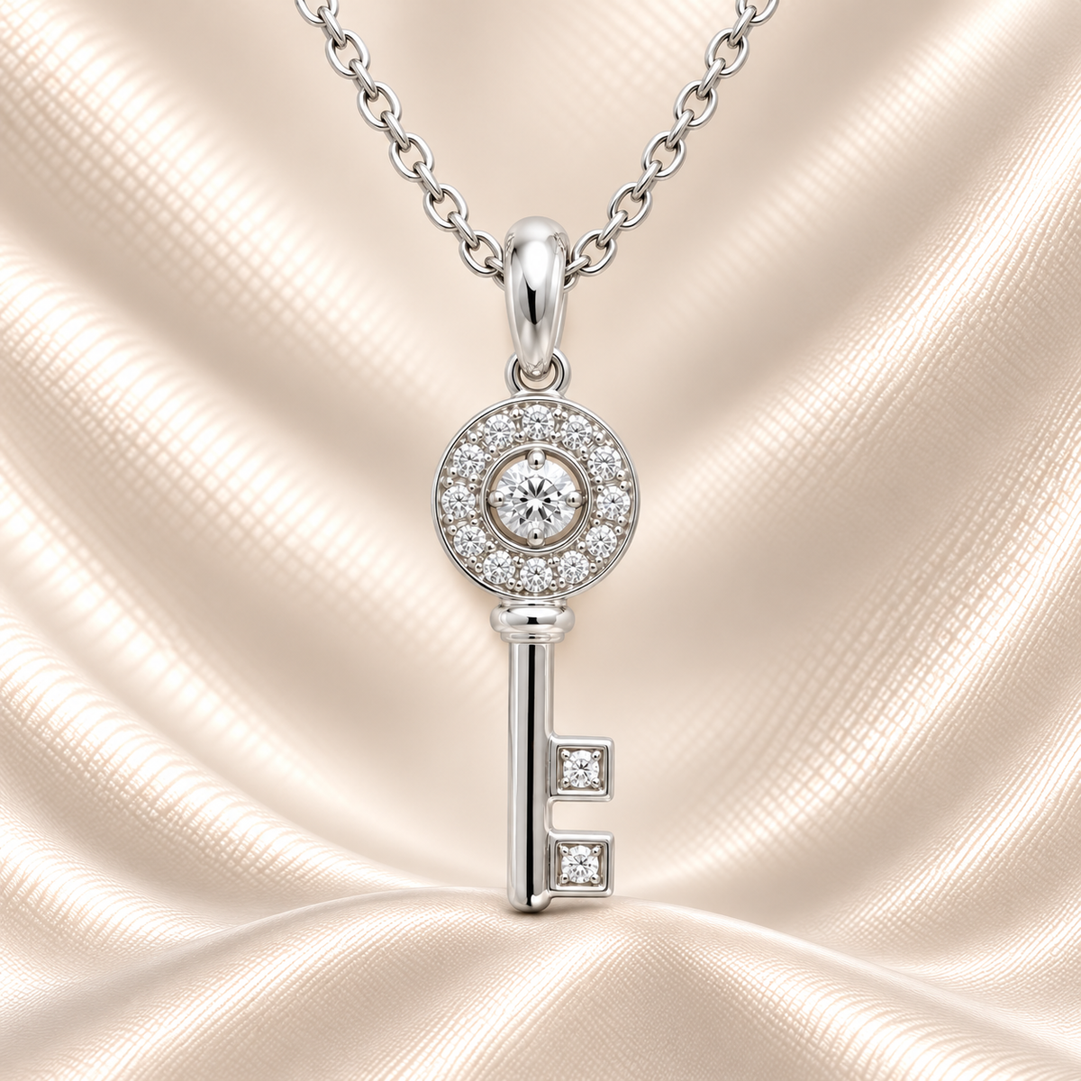 Elegant Moissanite key pendant in 925 silver, symbolizing love and new beginnings. Hypoallergenic, radiant, and timeless. Available now at BSI Jewelry.