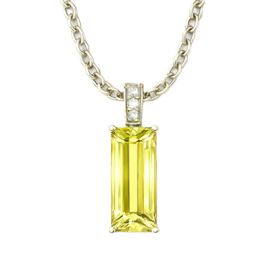 Moissanite and lemon quartz pendant with a 14 × 6 mm baguette-cut gemstone in white gold-plated 925 silver. Fresh and elegant. Available now at BSI Jewelry.