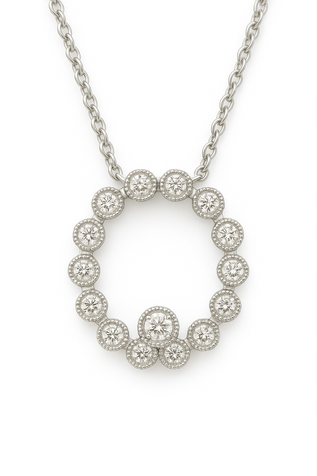 Elegant Moissanite oval necklace in 925 silver with milgrain bezels around each sparkling stone. Refined vintage-inspired charm. Available now at BSI Jewelry.