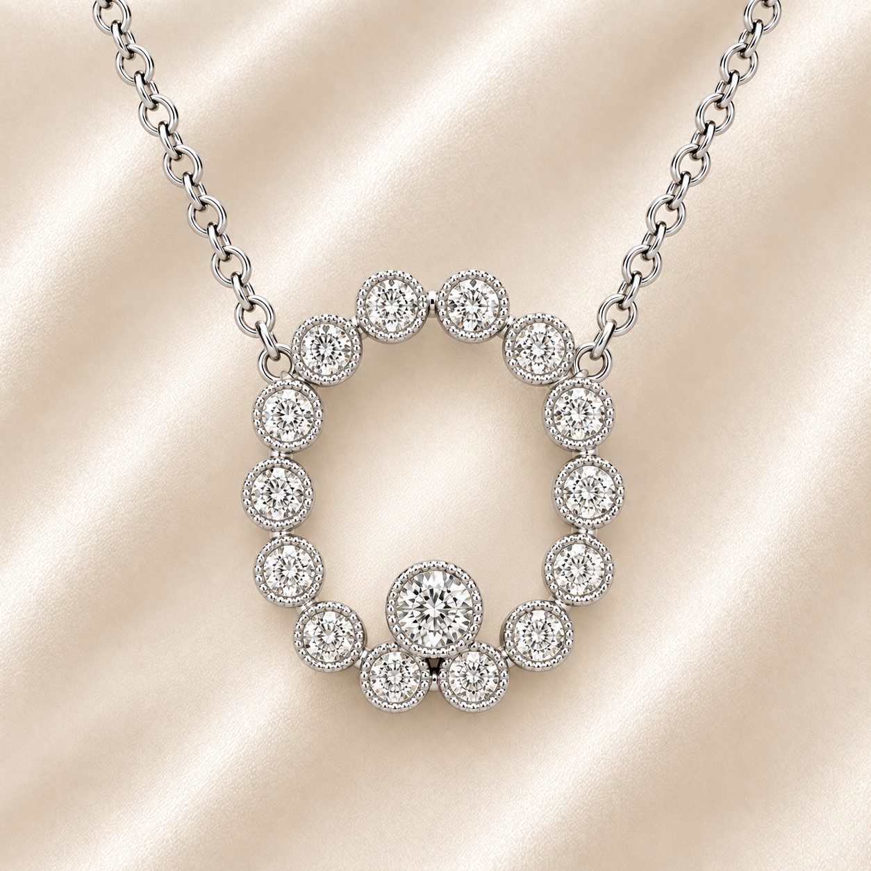 Elegant Moissanite oval necklace in 925 silver with milgrain bezels around each sparkling stone. Refined vintage-inspired charm. Available now at BSI Jewelry.