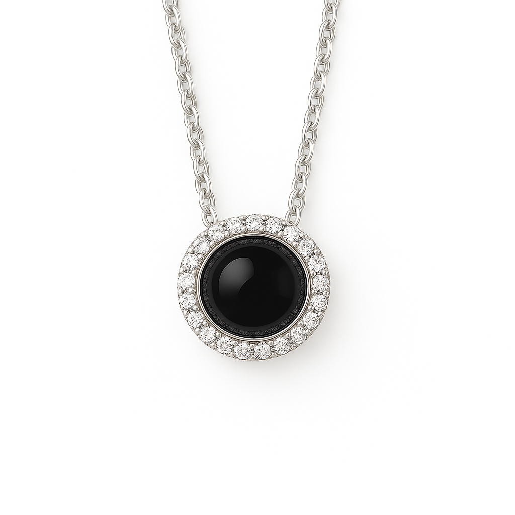 Bold onyx cabochon pendant accented with Moissanite in 925 silver. 6mm gem, hypoallergenic, and modern elegance. Available now at BSI Jewelry.