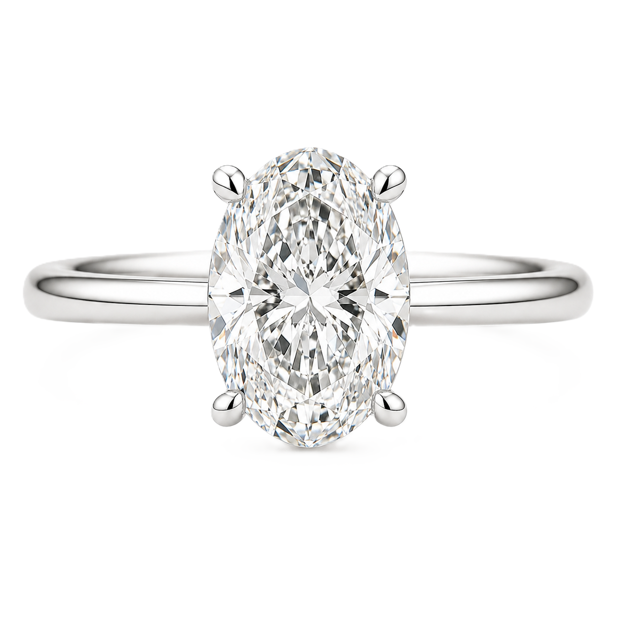 7×5 mm oval-cut Moissanite solitaire in white gold-plated 925 silver with palladium alloy—elegant, brilliant, and hypoallergenic. Available now at BSI Jewelry.